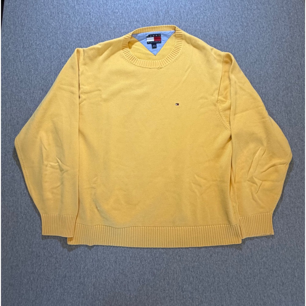 Tommy Hilfiger Mens XL Yellow Cotton Knit Crewneck Sweater Long Sleeve Logo